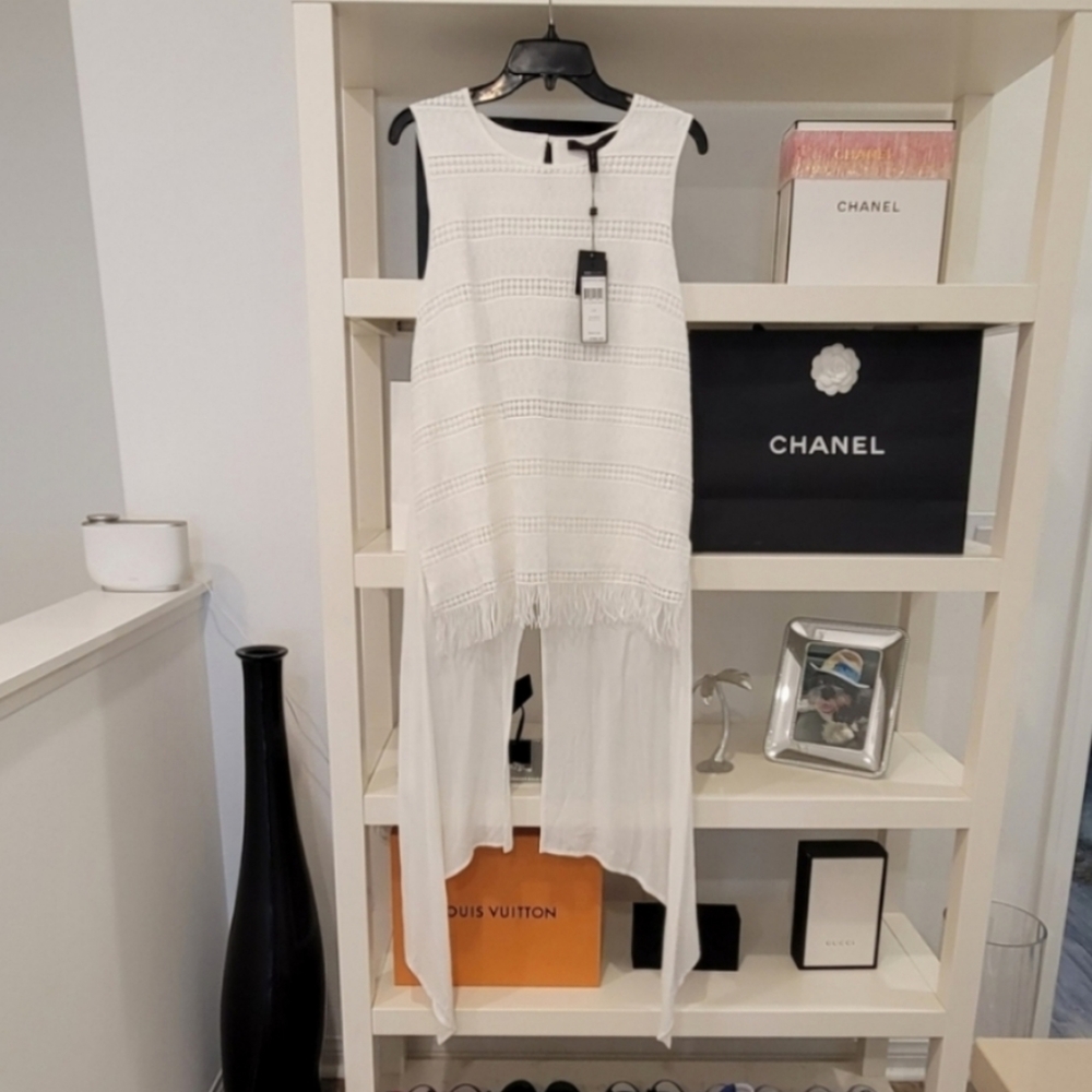 Bcbgmaxazria Ecru Fringe Top with Chiffon Drape Detail and Tails in the Back